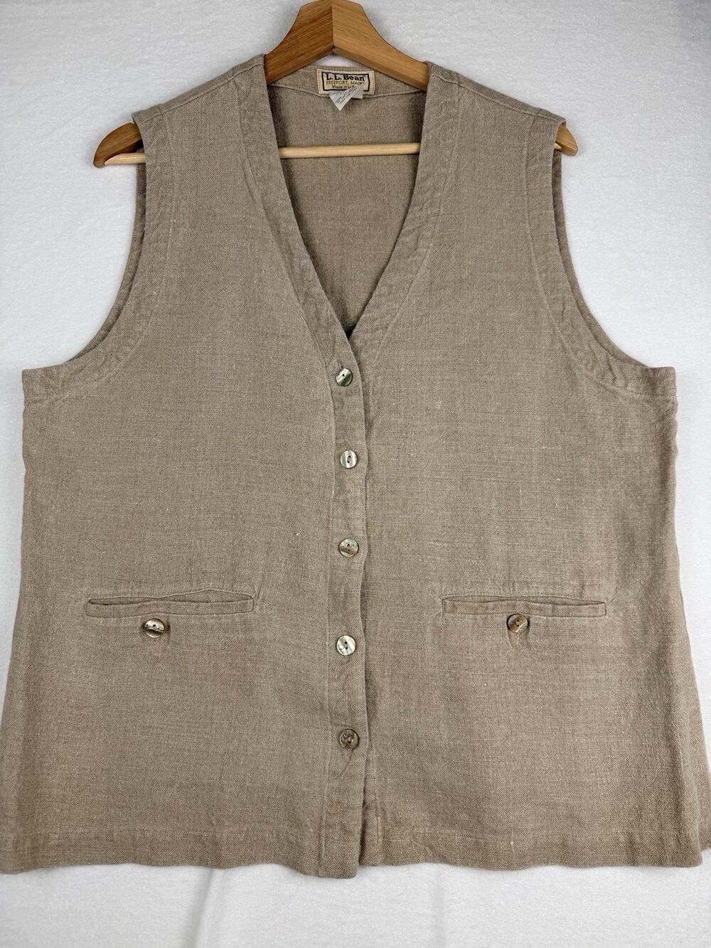 VTG L.L. Bean Linen Vest Women’s M Oatmeal Tan Button Front Coastal USA Made